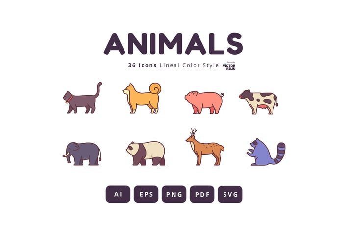 36 Animals Icons Lineal Color Style