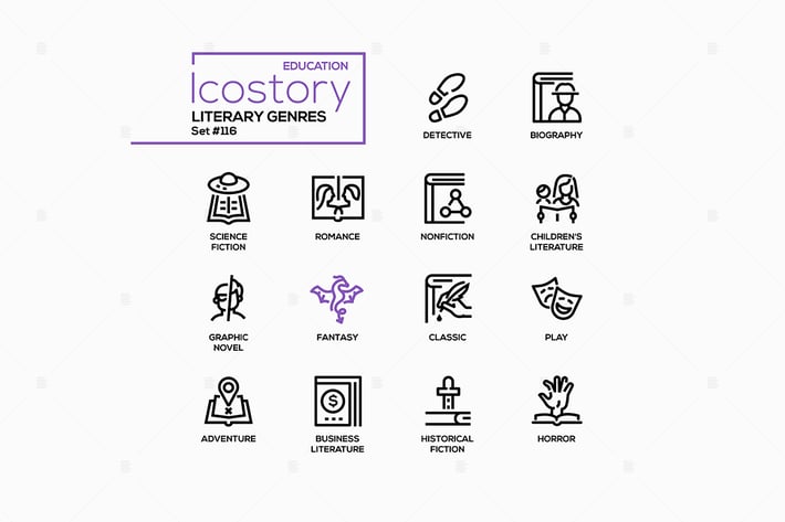 Literary genres - line design style icons set