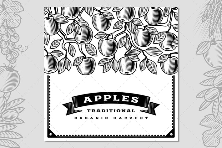 Retro Apple Harvest Card Black And White