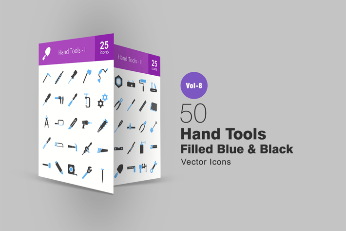 50 Hand Tools Filled Blue & Black Icons