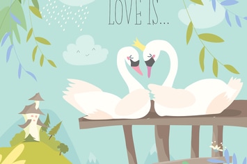 Cartoon swans in love. Fairy tale concept. Vector 