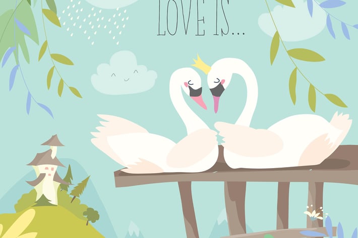 Cartoon swans in love. Fairy tale concept. Vector 