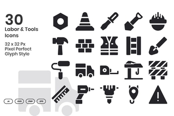 30 Labor & Tools Icons - Glyph
