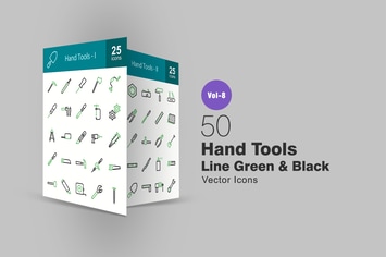 50 Hand Tools Green & Black Line Icons