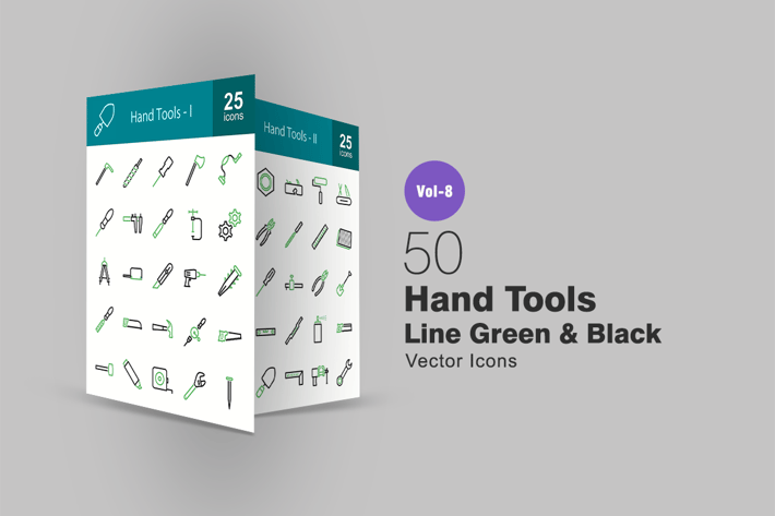 50 Hand Tools Green & Black Line Icons