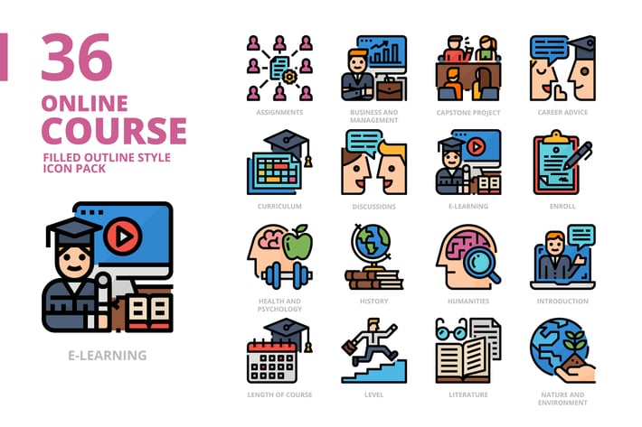 Online Course Filled Outline Style Icon Set