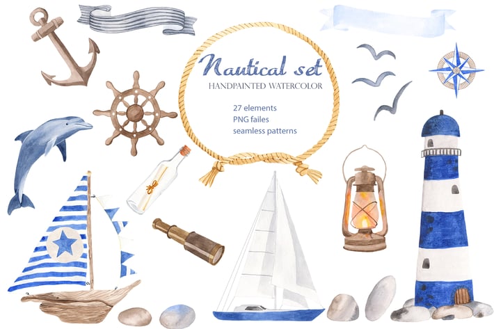 Watercolor Nautical. Clipart and seamless patterns