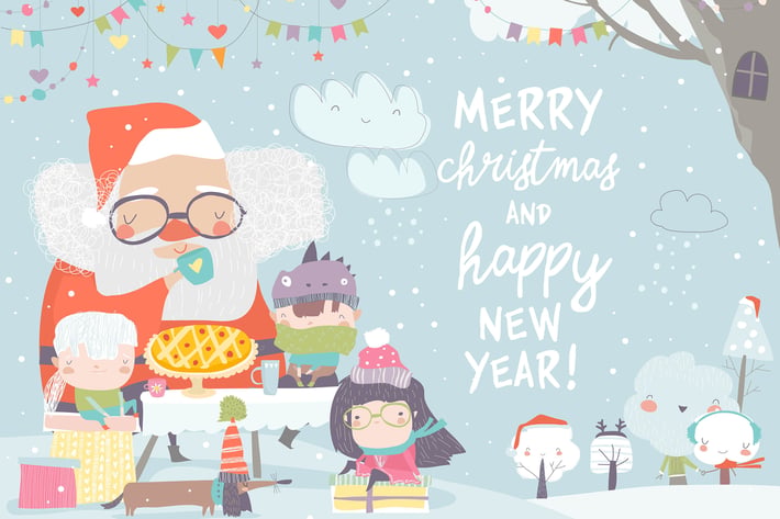 Santa Claus drinking tea with happy children. Vect