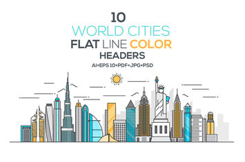 Set of Flat Line Color Banners of World Cities