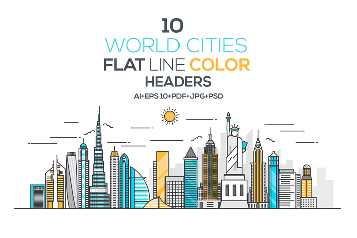 Set of Flat Line Color Banners of World Cities