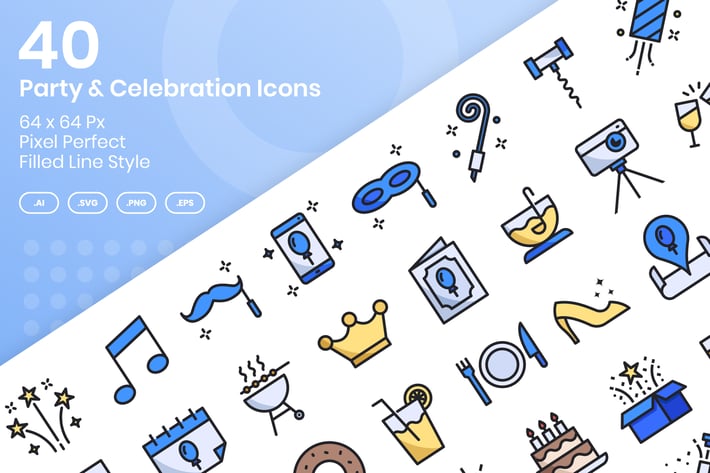 40 Party & Celebration Icons Set - Filled Line