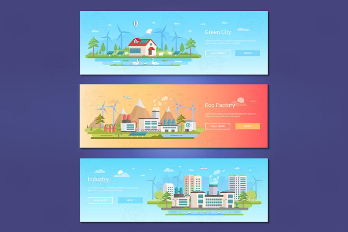 Green city - set of flat design style banners