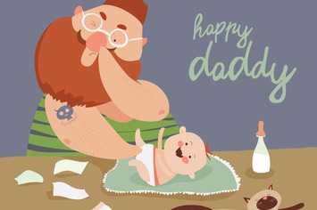 Funny dad changing diaper baby. Vector 