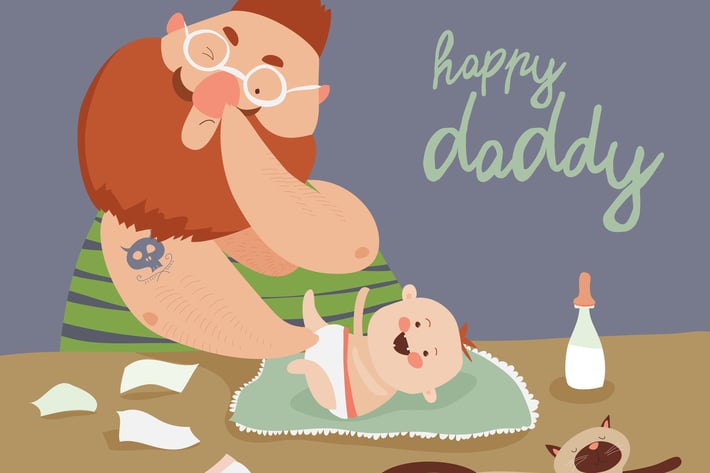 Funny dad changing diaper baby. Vector 