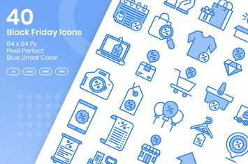 40 Black Friday Icons Set - Blue Lineal Color