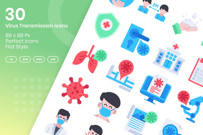 30 Virus Transmission Icons Set - Flat