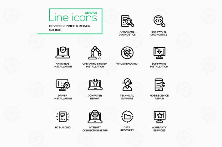 Device service & repair - vector line icons set