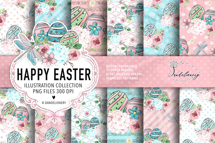 Happy Easter dragonfly digital paper pack
