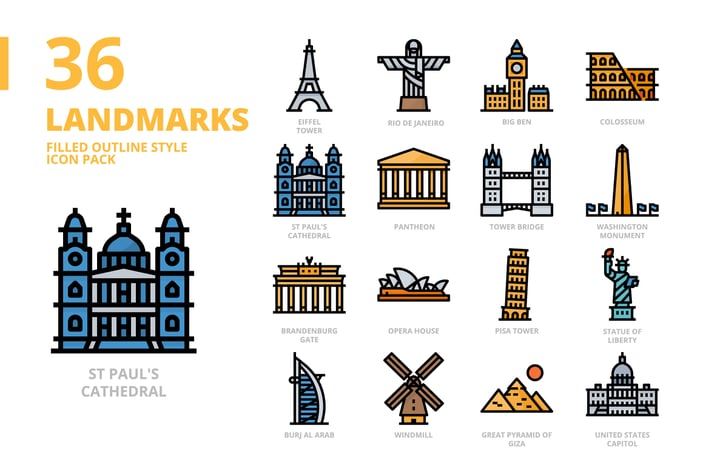 Landmarks Filled Outline Style Icon Set