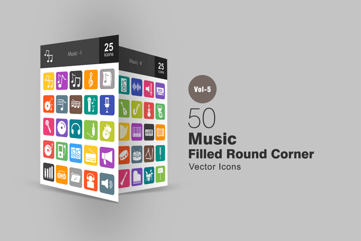 50 Music Flat Round Corner Icons