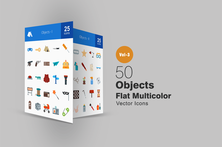 50 Objects Flat Multicolor Icons