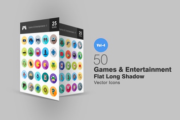 50 Games & Entertainment Flat Shadowed Icons