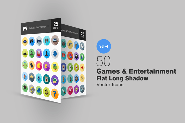 50 Games & Entertainment Flat Shadowed Icons