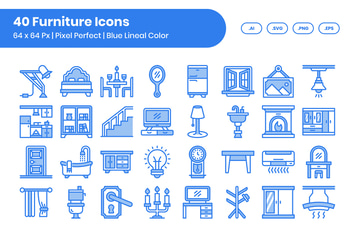 40 Furniture Icons Set - Blue Lineal Color
