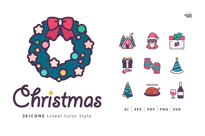 36 Christmas Icons Lineal Color Style