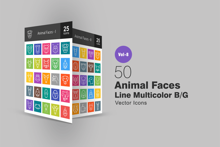 50 Animal Faces Line Multicolor B/G Icons