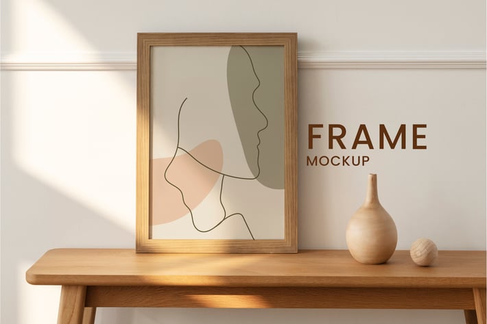 Wooden picture frame mockup on a wooden table