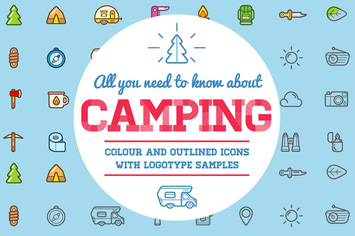 Camping Color and Outlined Icons with Logotypes
