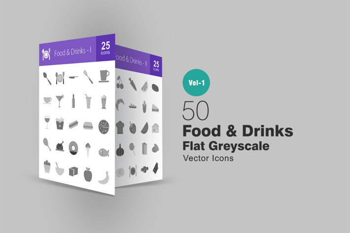 50 Food & Drinks Greyscale Icons