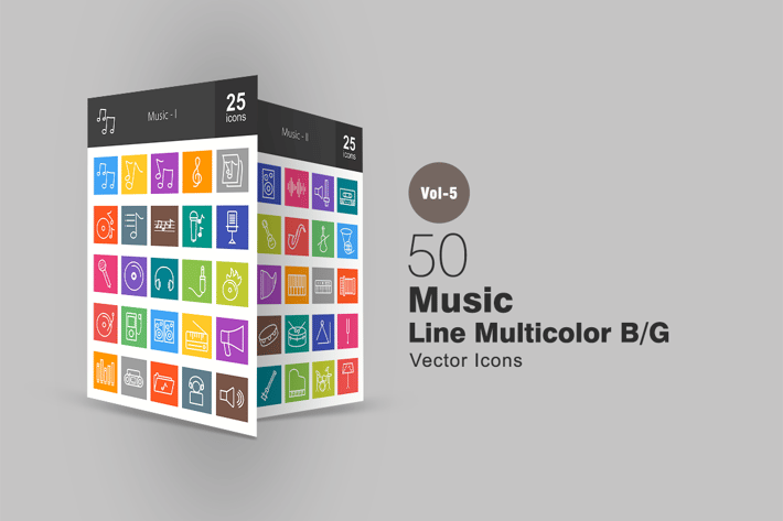50 Music Line Multicolor Icons