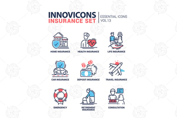 Types of insurance line design icons set