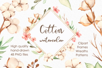 Watercolor cotton. Clipart, frames, wreaths