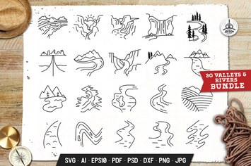 Mountains Valley Set Adventure Line Art Vector