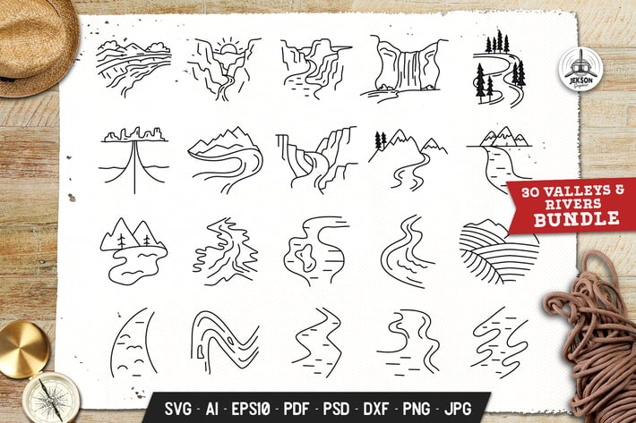 Mountains Valley Set Adventure Line Art Vector