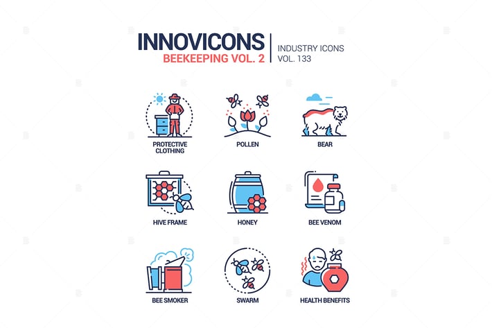 Beekeeping - colorful line design style icons