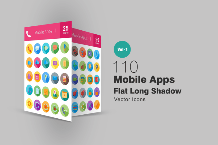 110 Mobile Apps Flat Long Shadow Icons