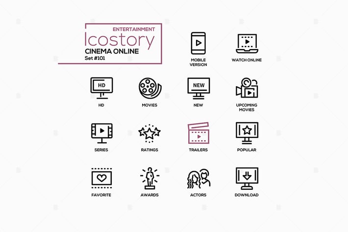 Cinema online - line design style icons set