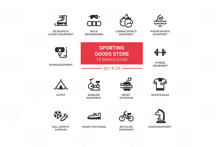Sporting goods store - simple icons, pictograms