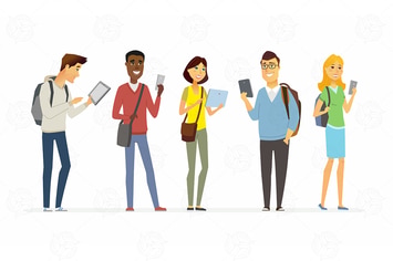Happy students checking their phones