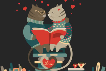 Cute cats in love reading a book