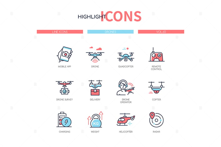 Drones - modern line design style icons set