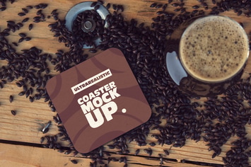 Square Coaster & Cup Black Malt Mockup