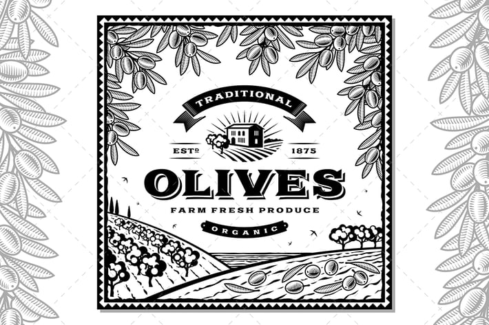 Vintage Olives Label Black And White