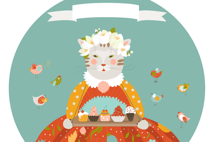 Cute cat with cupcakes wearing dress