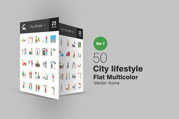 50 City Lifestyle Flat Multicolor Icons
