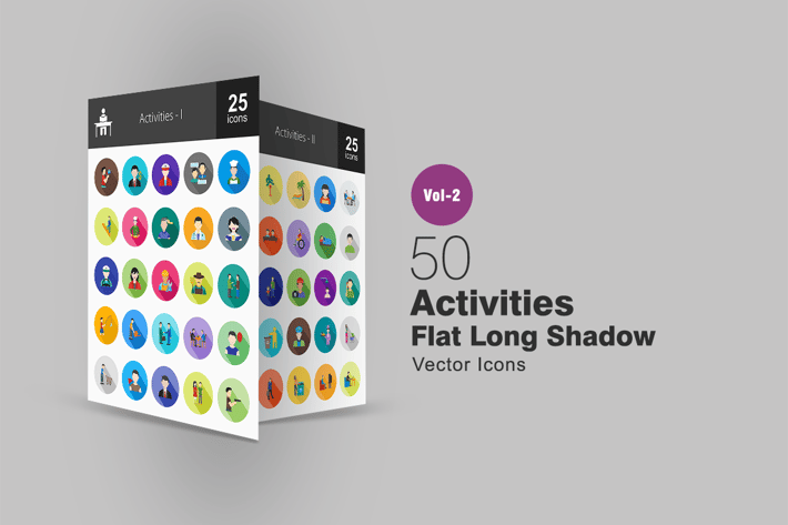 50 Activities Flat Long Shadow Icons